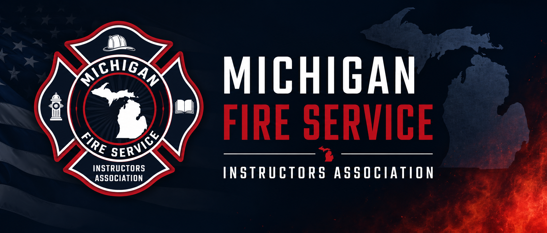 Banner featuring the Michigan Fire Service Instructors Association logo on the left and bold white and red 'Michigan Fire Service' text on the right, with a dark background and Michigan outline.